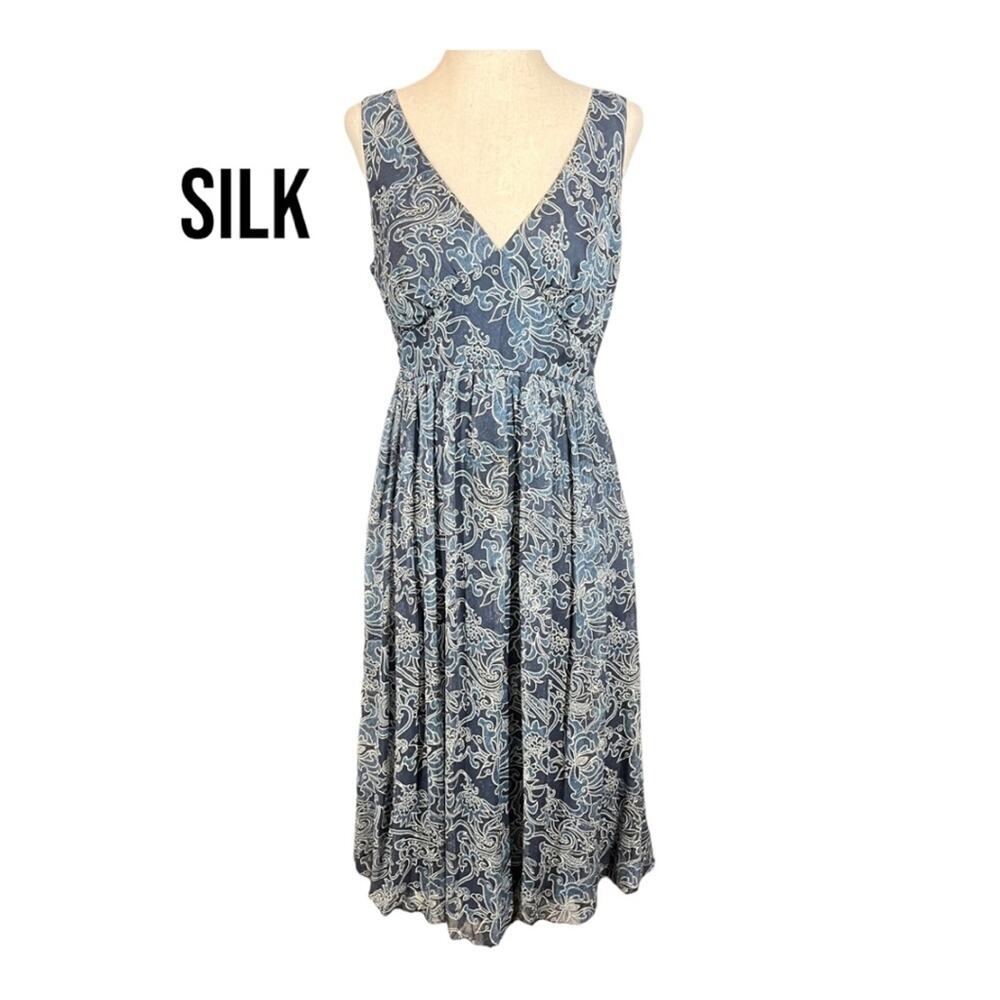 Jonathan Martin SILK V Neck Sleeveless Blue Paisley A Line Dress Back Tie‎ 6